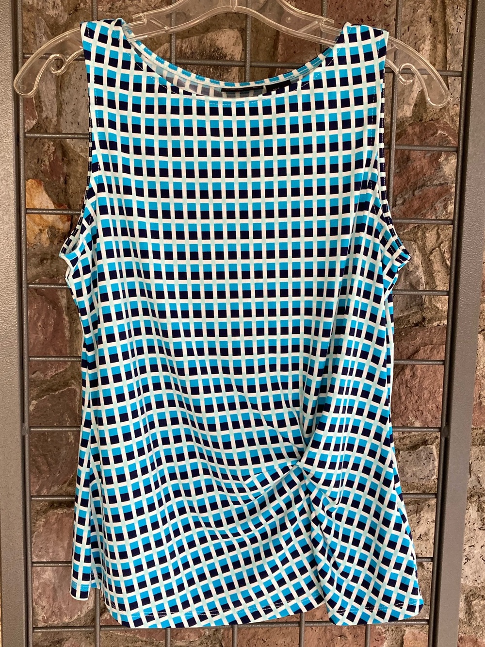 Tahari Blue and White Checked Twist-Front Tank